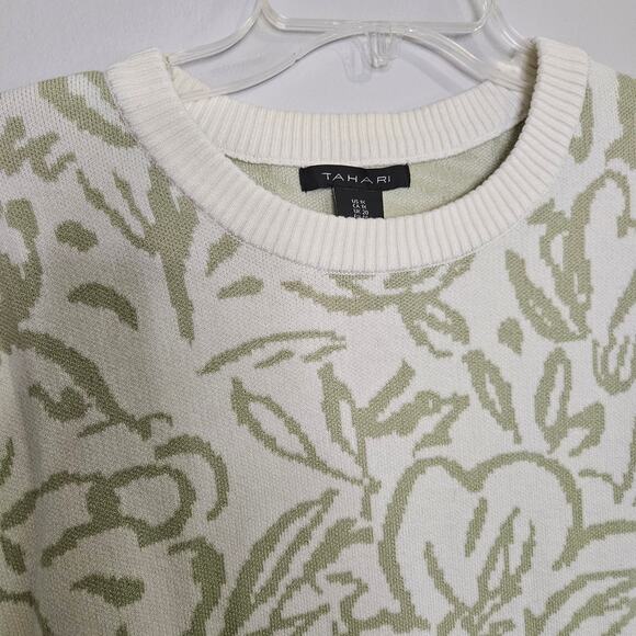 Tahari Womens 1X Sweater White & Green Floral Crew Neck Super Soft - Picture 2 of 9